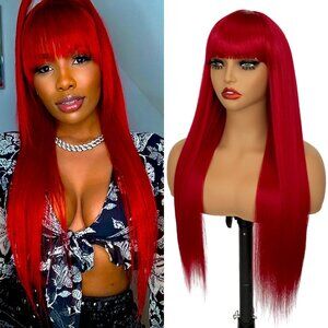 Fashion Red Color Synthetic Wigs with Bangs Long Straight Hair Lace Wigs